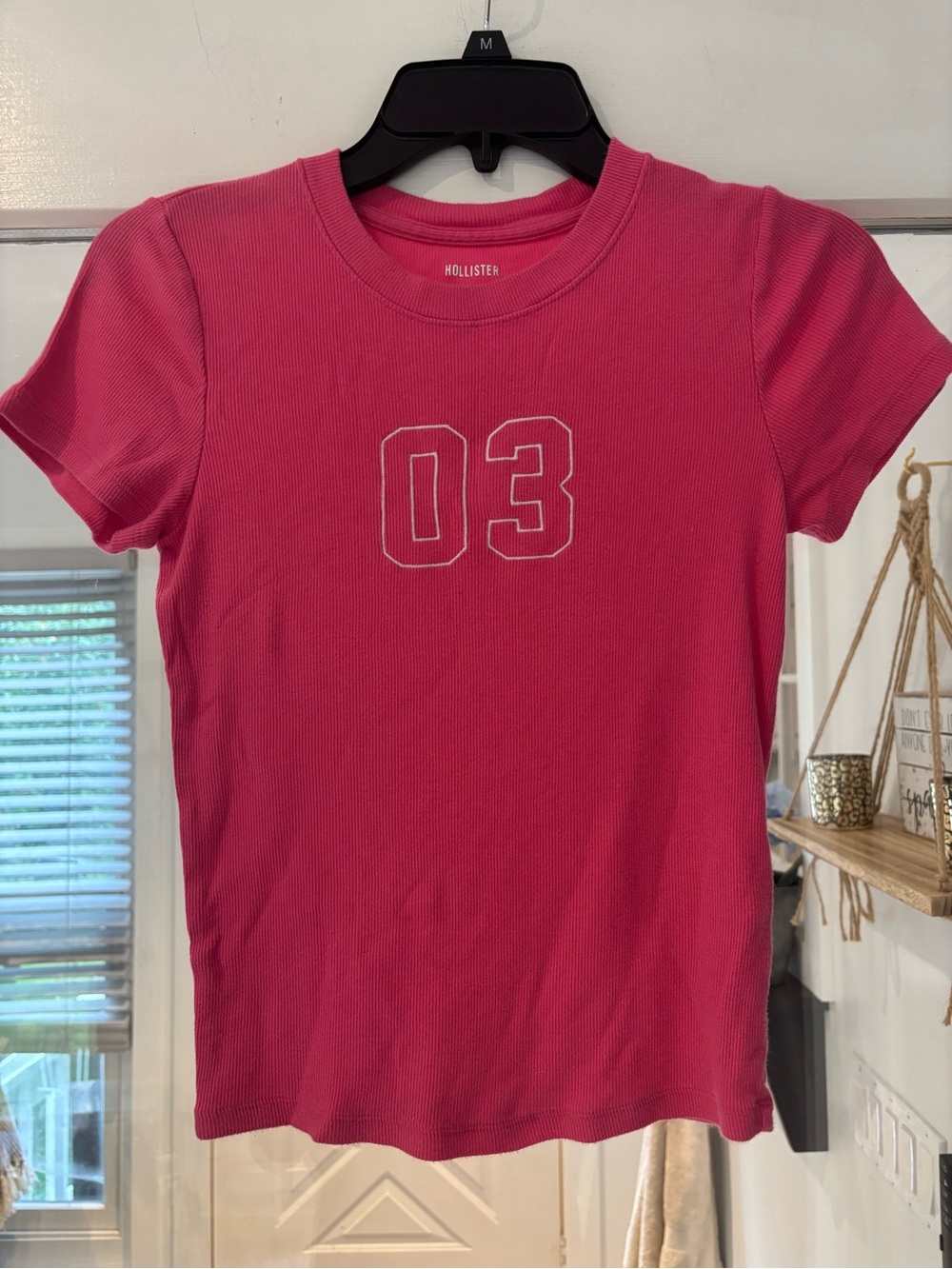 Hollister Hot Pink Ribbed Short-Sleeve Tee with '03' Chest Graphic